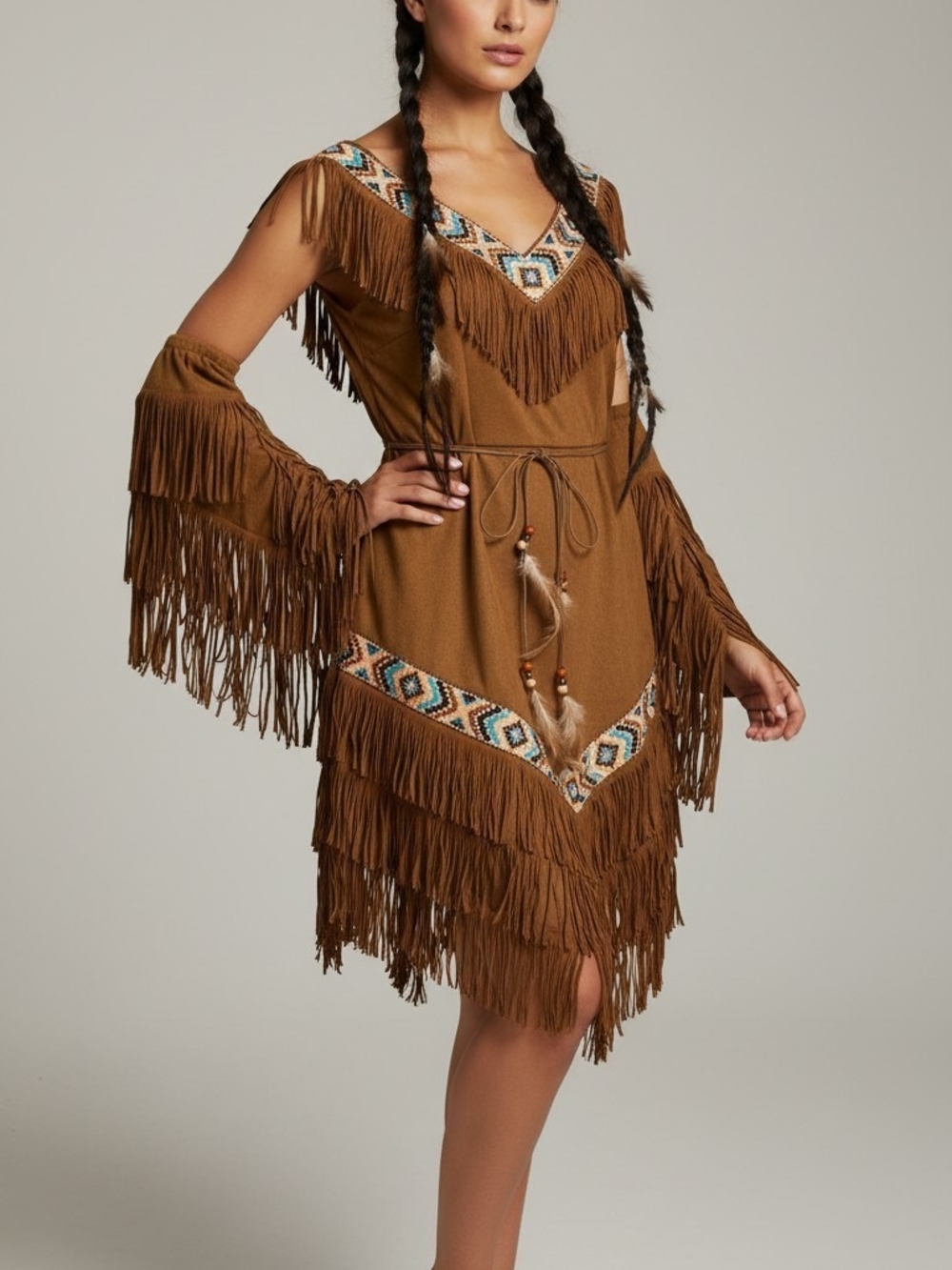 Brown Fringe V-Neck Boho Dress with Beaded Trim